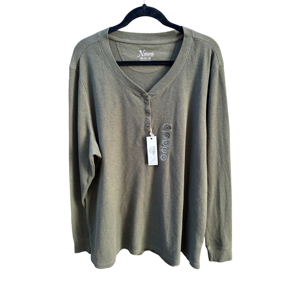 Natural Reflections Womens 2X Thermal Henley Top Olive Night Waffle Knit NWT